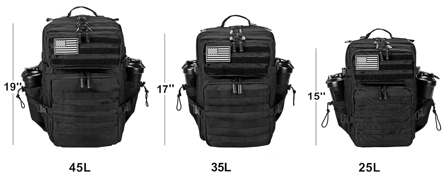 45L, 35L and 25L backpacks side by side